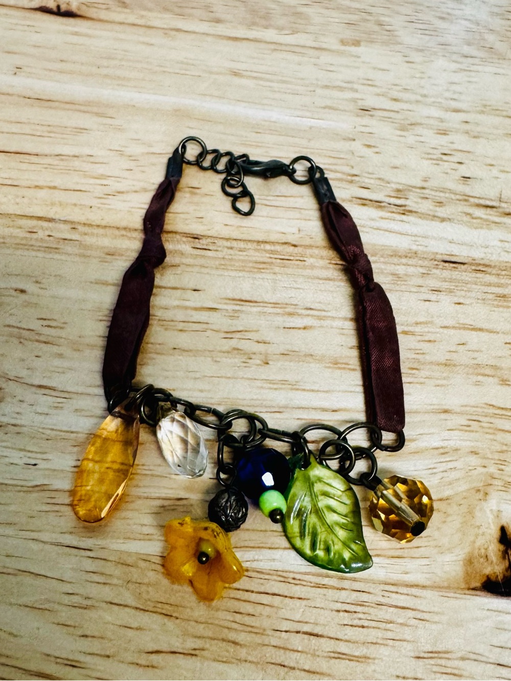 Boho Yellow & Green Charm Bracelet with Leaf Accent
